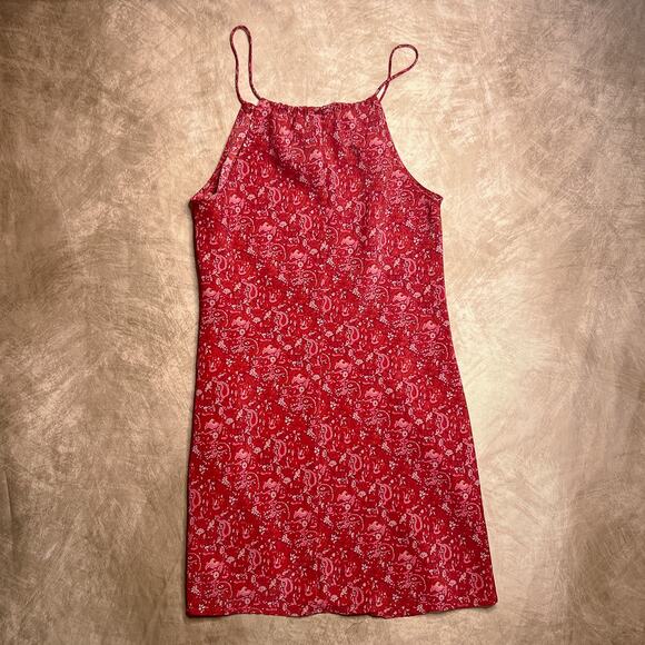 Vintage 90s DBY Ltd. Sleeveless Spaghetti Strap Midi Dress Red Paisley Keyhole - Picture 4 of 7
